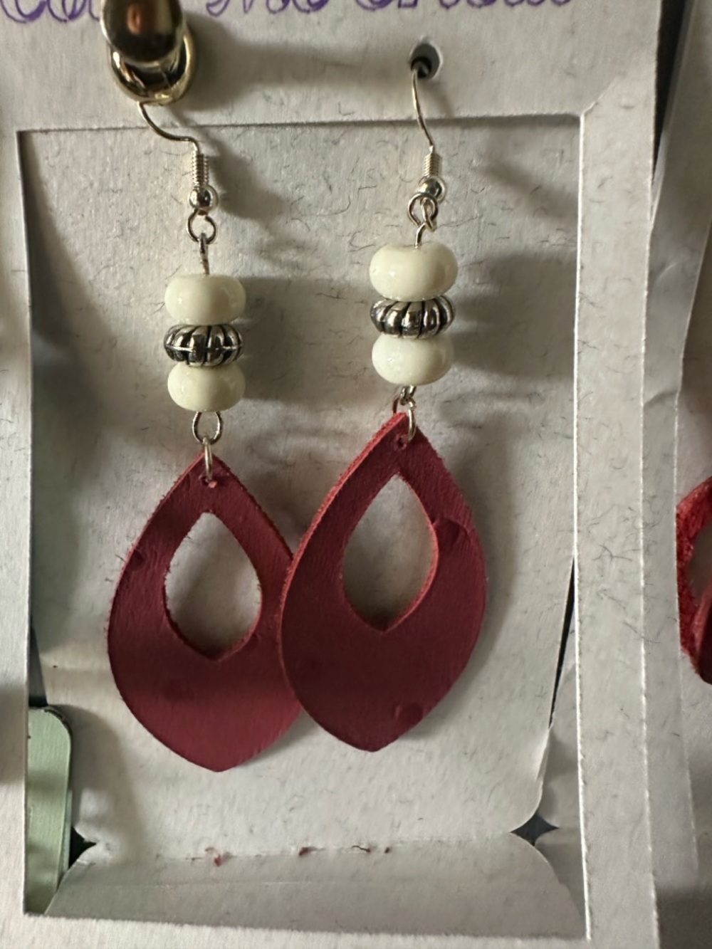 Red Teardrop Dangle Earrings with Cream Beads